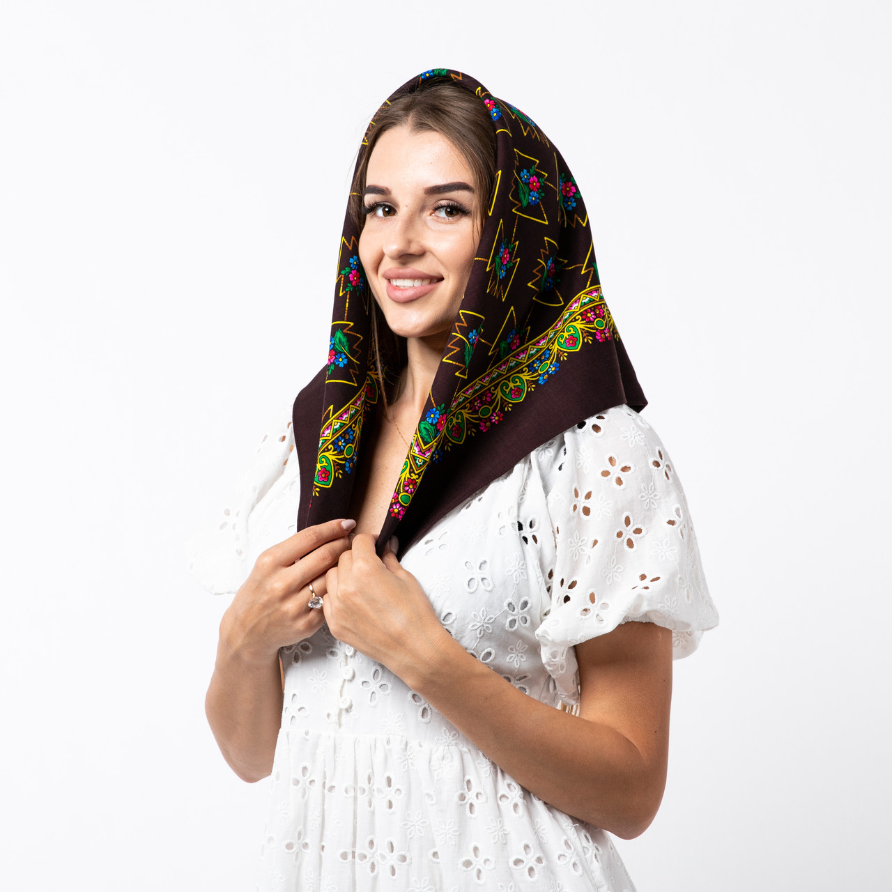 Японська вовняна хустка 75х75см Коричнева, фото 1