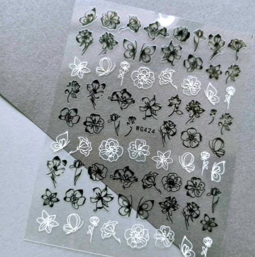 Наклейки для нігтів Nail stiker (квіточки, листя) чорно-білі WG424