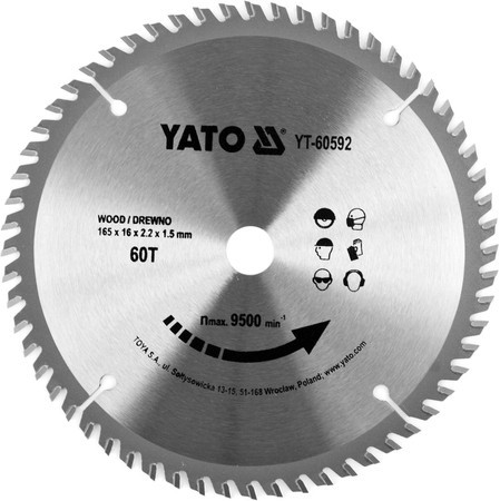 Диск пиляльний победітовий по дереву 165x16мм 60 зубів YATO YT-60592