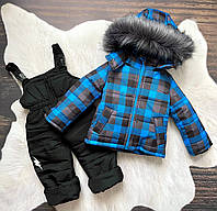 Зимняя куртка детская со съемной подстежкой на овчине с полукомбинезон "Клетка синяя" (размер 98/104 см)