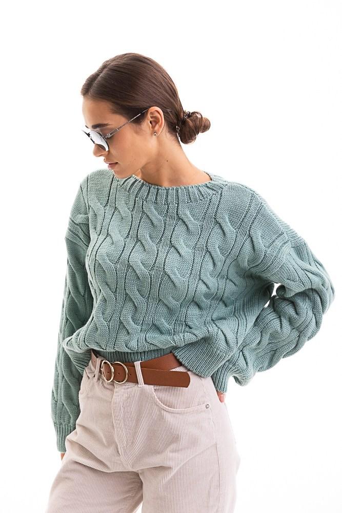 Джемпер жіночий в'язаний оверсайз з візерунком м'ятний Modna KAZKA MKAR102016-2, фото 1