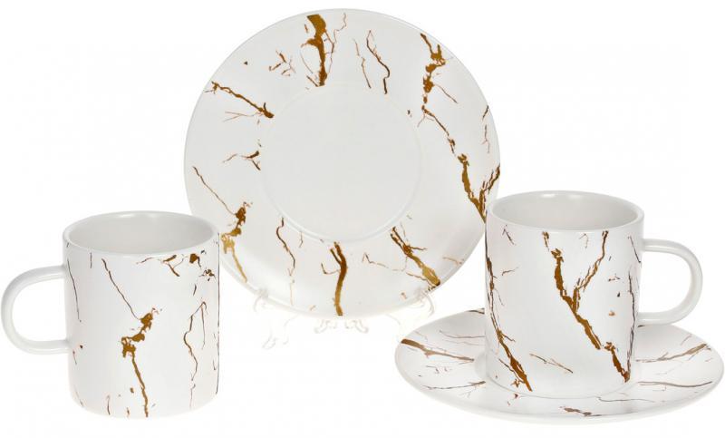 Чайний набір "Мармурова Розкіш" 2 чашки 220мл greenpharm greenpharm  і 2 блюдця, порцеляна, білий з золотом, фото 1