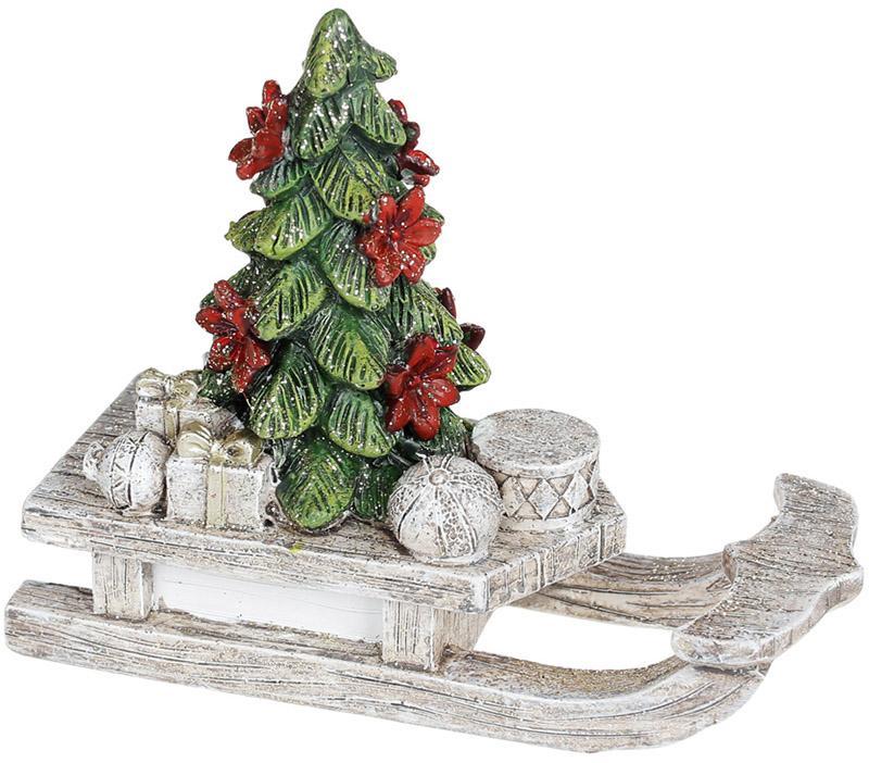 Декоративна статуетка "Сані з Ялинкою" 12.5см greenpharm, полистоун, беж з зеленим і червоним, фото 1