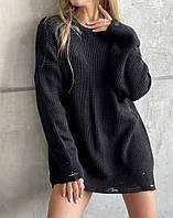 Трендовый женский свитер туника чёрная вязка рванка с круглым воротом свободная широкими рукавами удлинённая