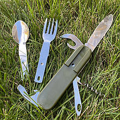 Тактичний складний набір столових приладів 6 в 1 (ложка, вилка, ніж, штопор, відкривалка) у футлярі