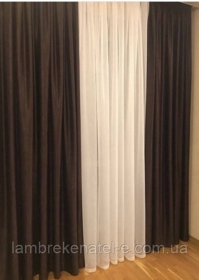 Штори в зал, комплект коричневих порт'єр із шифоном, фото 1