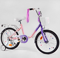 Детский двухколесный велосипед 18 дюймов CORSO FL - 97014 с заниженной рамой / с дополн.колесами и корзиной