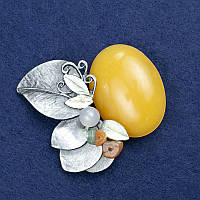 Брошка Гілочка з Янтарем (їм.) І камінням асорті сріблястий метал 60х50мм + - купити біжутерію дешево оптом в інтернеті