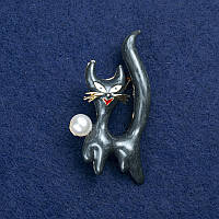 Брошка Кішечка золотистий метал, емаль і намистина 50х26мм + - купити біжутерію оптом в інтернеті