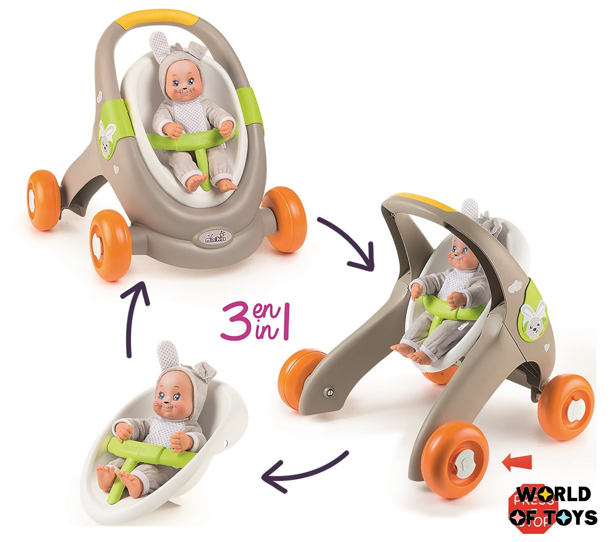 Коляска Smoby Toys Mini Kiss 3в1 Веселі тварини (210206)