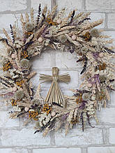 Різдвяний вінок з ангелом з сухоцвітів, різдвяний вінок на двері діаметр 45 см