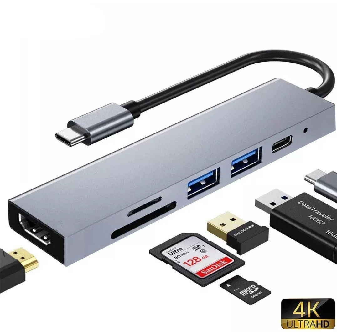 USB-Концентратор 6 в 1, TYPE-C (тато) — HDMI 4K, USB 3.0 * 2, Type-C (мама), сірий.