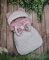 Конверт спальник для новонароджених теплий плюшевий "Зірочки" білий із рожевим