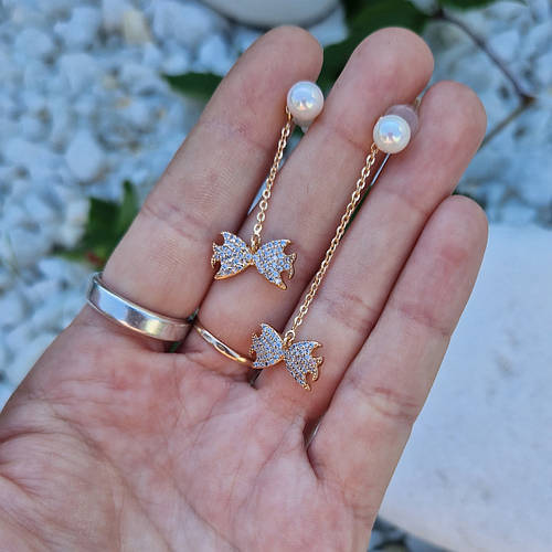 Купить Серьги висюльки с жемчугом "Бантик" | Позолота 18к | Серьги ...