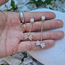 Сережки висюльки з перлами "Бантік" | Позолота 18к | Сережки XUPING | Медичне золото, фото 3