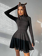 Приталенное трикотажное платье мини женское в рубчик с высоким горлом и пышной юбкой Smb7662
