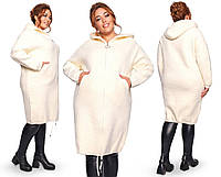Женское теплое пальто кардиган альпака с капюшоном застежка молния размера батал 52-56