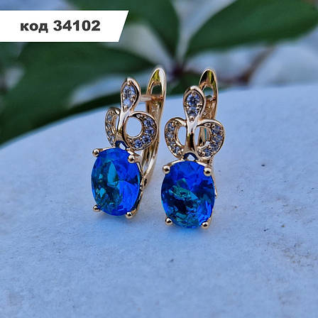 Сережки з блакитним камінням | Сережки Xuping | Позолота 18к | Медичне золото, фото 1