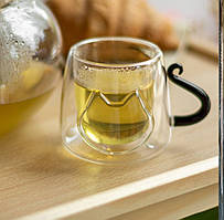 Скляна чашка з подвійними стінками "Мордочка кішки" (термо) 100 мл