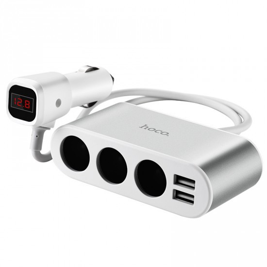 Трійник в прикурювач HOCO Z13 (3 порти + 2USB/A 2.1) Silver