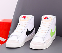 Кроссовки женские Nike Blazer белые с зеленым и черным лого, Найк Блейзер кожаные, прошиты. Код KD-14128