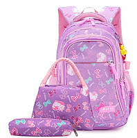 Новинка !!! Рюкзак для девочки школьный сиреневый. Бантики и кошечки Портфель 3 в 1+брелок в подарок.