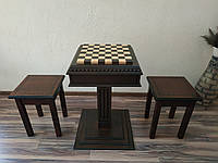 Шахматный стол Классический с двумя ящиками для хранения фигур и два табурета, из натуральной древесины