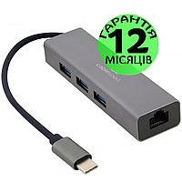 Сетевая карта USB Type-C Cablexpert + хаб на 3 порта USB 3.0, внешняя, гигабитная, металл, адаптер юсб rj45