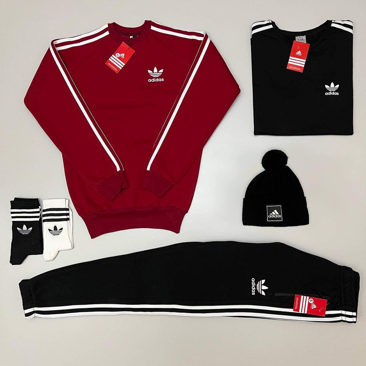 Чоловічий зимовий спортивний костюм Adidas бордовий на флисі ̄ Комплект Ададас звитшот + штани + футболка