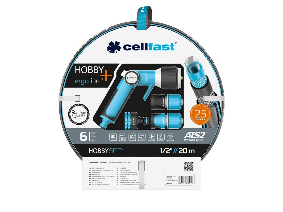 Поливальний набір Cellfast HOBBY 1/2 дюйма 20 м + набір фітингів ERGO садовий шестишаровий — 16-209