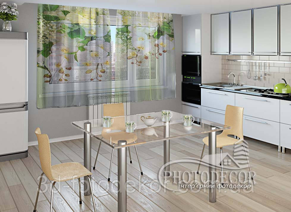 3D - Фото Тюль "Ламбрекени з білих орхідей", висота - 1,60м, ширина - 1,10м (1 полотно), тасьма