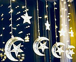Світлодіодна гірлянда штора 3х0.6 м завіса з фігурками Зірка на Місяці від мережі холодний білий, фото 2