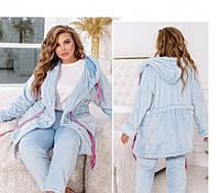 Женская теплая махровая пижама-костюм больших размеров 62/64, Голубой