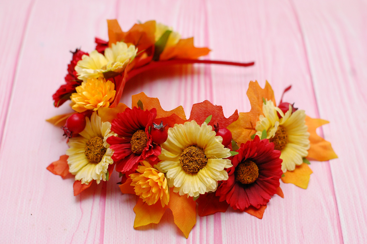 Обруч / ободок для волосся осінній з листям і квітами 477, фото 1