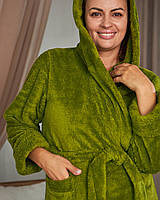 Женский длинный домашний махровый халат с капюшоном, оливка