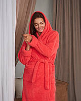 Жіночий домашній махровий халат з капюшоном, коралл