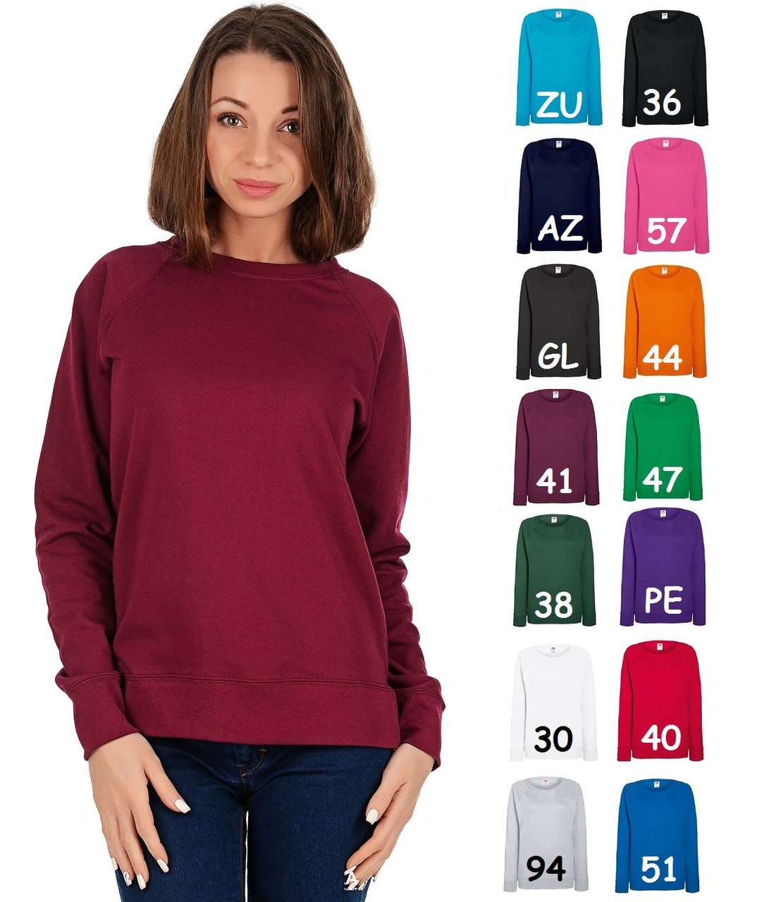 Жіночий світшот легкий Fruit of the loom тонкий без начосу Lightweight Raglan Sweat lady-fit реглан светр