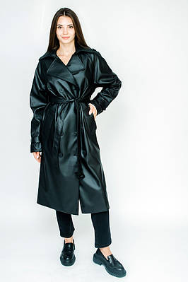 Тренч чорний, жіночий чорний тренч з екошкіри 22153 (2000000083896)