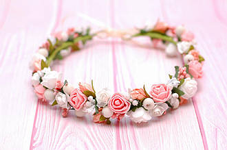 Вінок для волосся / віночок на голову персиковими та білими квітами 190818
