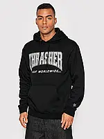 Мужская толстовка теплая с начесом Thrasher худи черное с капюшоном трешер