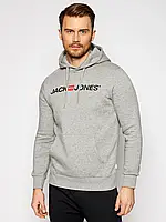 Мужская толстовка теплая с начесом Jack and Jones худи серый с капюшоном джек энд джонс