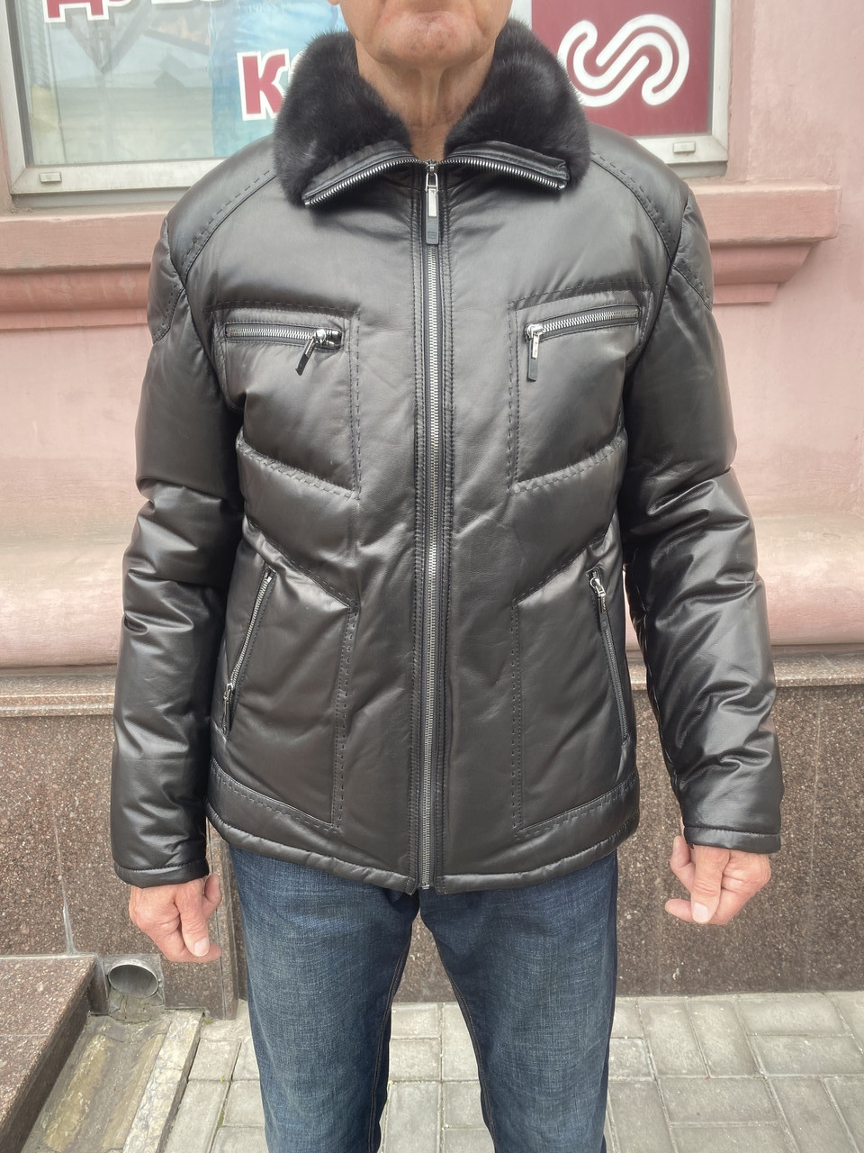 Куртка чоловіча шкіряна натуральна на пуху з коміром із норки, фото 1