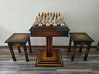 Шахматный стол "Ombre Classic" с двумя ящиками для шахмат "Knights" и два табурета, из натуральной древесины
