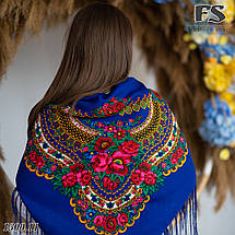 Українська синя народна шерстяна хустина Квіти України. ДЕФЕКТ!!!, фото 3