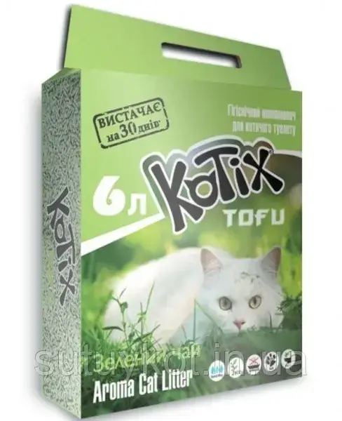KOTIX TOFU Green Tea Котикс ТОФУ соєвий наповнювач для котів з ароматом зеленого чая, 6 л