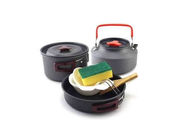 Комплект похідного посуду для туриста Cooking котелок сковорода чайник у чорному кольорі, фото 1
