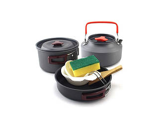 Комплект похідного посуду для туриста Cooking котелок сковорода чайник у чорному кольорі