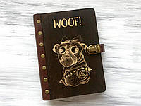 Блокнот в деревянной обложке с гравиркой картинки на заказ «WOOF!», Коричневый, Размер A5