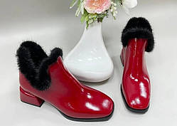 Стильные яркие женские кожанные ботинки мех норка