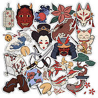 Набір вінілових наклейок (стікерів) від Lex Altern (Японська культура, гейша, фанат, лисиця, вони, велика хвиля, самурай, меч,